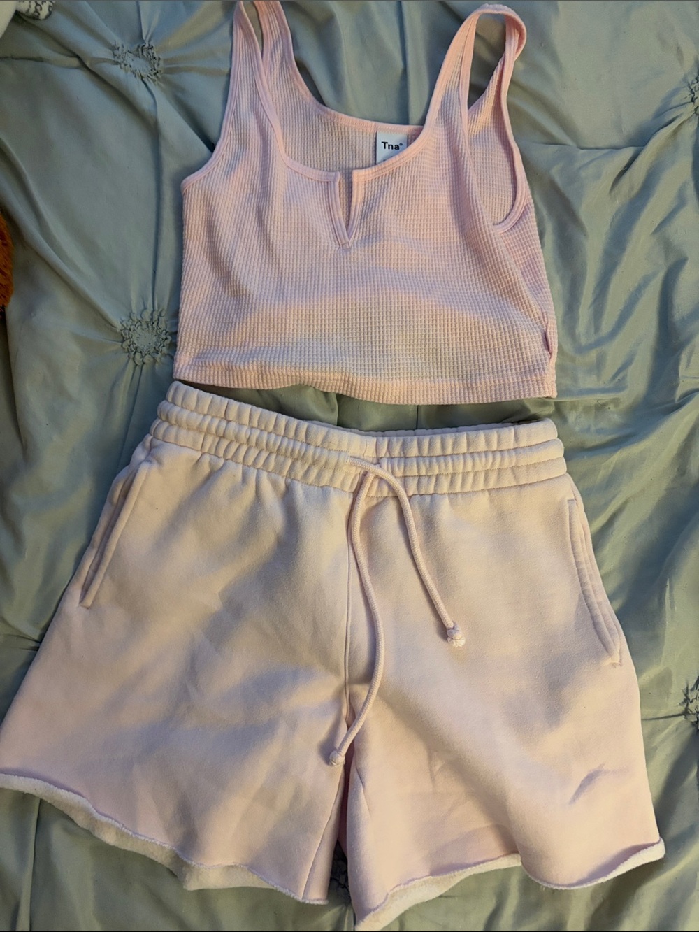 TNA Pale Pink Waffle Crop Tank & Drawstring Shorts Set
